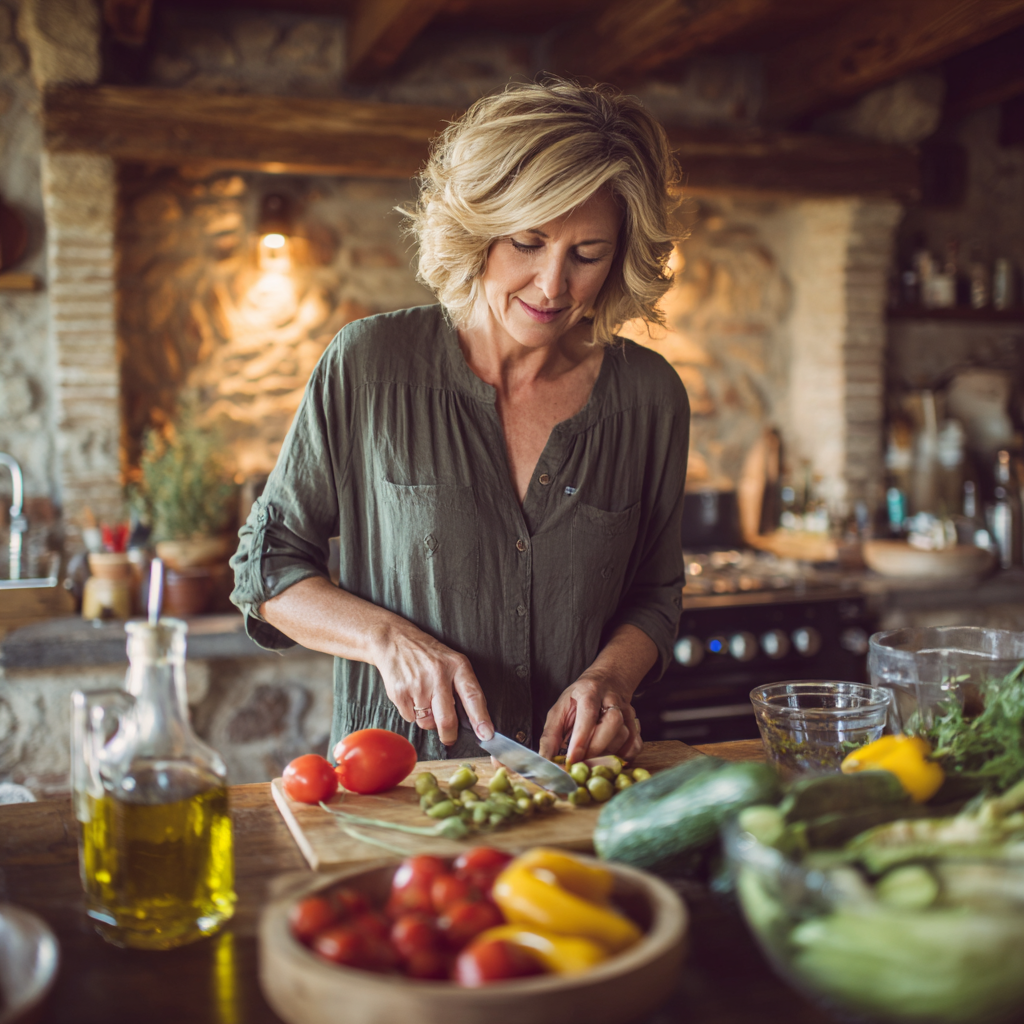 Middle-aged woman preparing healthy Mediterranean meal with fresh vegetables and olive oil